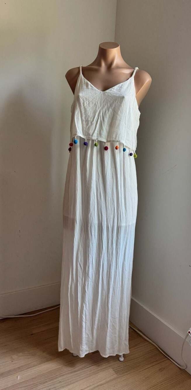 Perfect Bridal or Summer Hint of Blush White Pom Pom Maxi Dress Size S